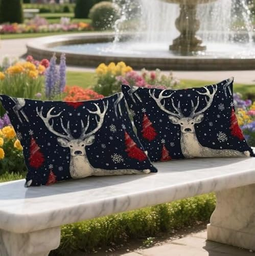 Outdoor Kissen Wetterfest Weihnachten Rechteck Kissenbezug 50 x 60 2er set Leinen Dekorativ Pillowcase Reh Doppelseitiger Druck Sofakissen Zierkissen für Garten Frühling Fall Deko Lendenkissen LY-405