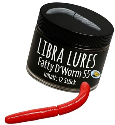 Libra Lures Fatty D`Worm Tournament 55mm Forellenköder Supersoft | 12 Stück | Aroma: Käse | Farbe: 021/ Red | Gummiköder Neuheiten | Erfolgreicher Forellen Angeln mit dem Fatty