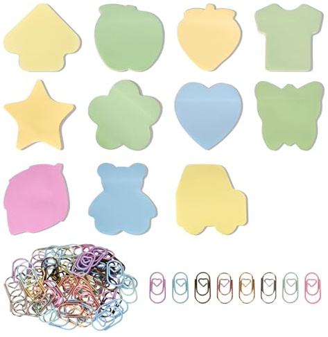 Haftnotizen, 11 Pack Haftnotizen Groß, 1100 Stück Sticky Notes, 50 Stück Büroklammern Bunt Büroklammern Herz Motiv, Groß Notizzettel zum Erinnerung/Checkliste für Büro, Studie, Hause