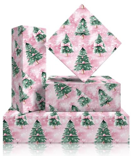 Pinkes Weihnachts-Geschenkpapier für Kinder und Erwachsene, 4 Bögen, Weihnachtsbaum-Geschenkpapier, rosa Schleife, Schneeflocke, Bastelpapier, Urlaub, Damen, Herren, Geschenkpapier für Weihnachten