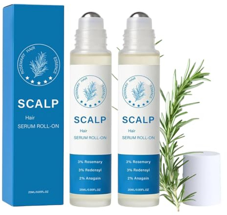 Hair Growth Serum Roll On, Rosmarin Haarwachstumsserum Roll On, 3% Rosmarin Roller Haarserum, Blockierendes Kopfhautserum fördert den Sauerstofffluss, Reduziert Haarausfall (25 ml, 2PC)