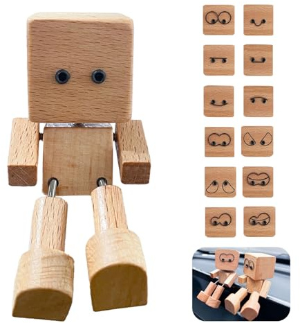 WIKOGDFE Wackelnder Holzman,Holzfigur Auto,Holzfigur Wackelfüße,Schüttelnde Holzmann Figur mit 12 Gesichtsausdrücken, Lustige Wackelkopf Autodekoration,für Armaturenbrett Dekoration,Home Desktop deko