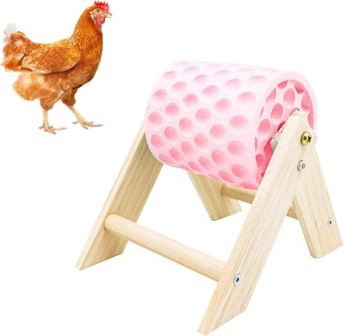 Dnoifne Chicken Beak Grinding Calcium Stone with Wooden Perch, Poultry Enrichment Toy & Coop Accessory for Hens, Ducks, Geese, Turkeys - Pink