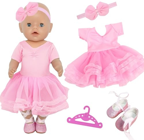 YAEGIMHT Rosa Puppenkleider puppenkleidung für 35-45cm Mädchen Puppe, 4 teilig Puppen Kleider Schmetterling Stirnband Tanzschuhe für 16-18 Zoll Baby Puppe, 43cm Puppenkleidung Set Geschenk Kinder