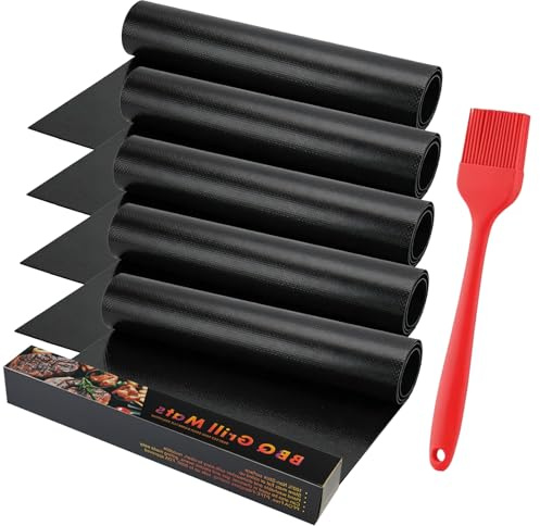 5 PCS Large Oven Liners 50 x 40 cm, Oven Liners for Fan Assisted Ovens Non Stick BBQ Mats for Gas Grill Reusable Baking Sheet Black with BBQ Brush