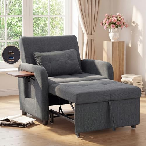 COLAMY Verwandelbarer Schlafsessel Stoff Futon Sofa Bett, Einzel Schlafsofa mit USB-Anschluss, klappbarem Tisch, Kissen und Verstellbarer Rückenlehne für Wohnheim, Schlafzimmer, Dunkelgrau