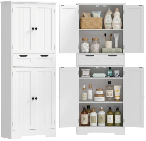 HOMCOM Meuble de Salle de Bain avec Tiroir 4 Portes 60 x 30 x 160 cm Blanc | Meuble de Rangement Salle de Bain, Colonne, Style Moderne, pour Salon, Chambre, Cuisine