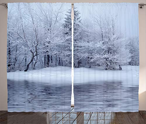 ABAKUHAUS Weihnachten Rustikaler Vorhang, Winter Blizzard Wald, Wohnzimmer Universalband Gardinen mit Schlaufen und Haken, 280 x 245 cm, Weiß Grau