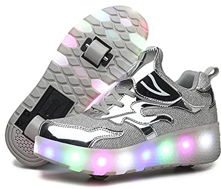 Unisex flickor pojkar skridskor, LED-skor med hjul, USB-uppladdningsbar enkel dubbel runda, automatisk skateboard för utomhussportskor, Silver 586 dubbel, 36 EU