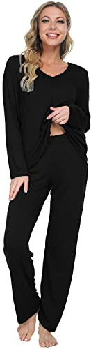 Mnemo Pyjama pour Femme Ensemble de Vêtements de Détente en Tricot Doux à col en V avec Ourlet Ondulé Exquis 2 Pièces de Vêtements de Nuit Confortables, Noir, L