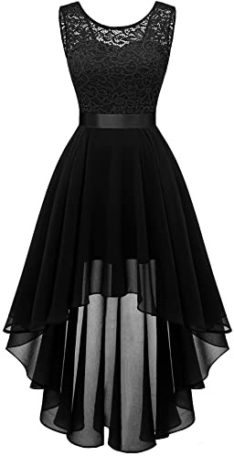 BeryLove Formal Dresses for Women Wedding Guest Cocktail Vacation Prom Dress for Teens Sleeveless Lace Chiffon Floral Bridesmaid High Low Elegant Midi Gowns 35 Black M