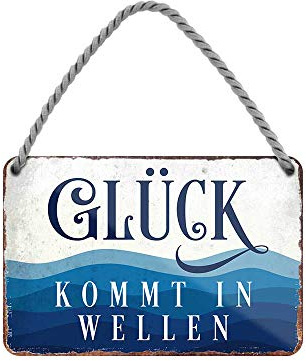 Glück kommt in Wellen - Metallschild mit Kordel und Saugnapf - maritime Wanddeko oder Türdeko für Strandkorb Badezimmer Garten Balkon Terrasse Balkon Eingang Lieblingsplatz Boot Garage - 18x12cm