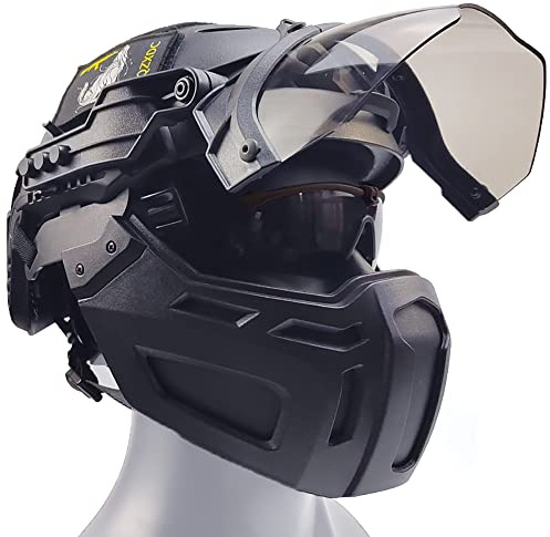 AQzxdc Casque D'airsoft avec Lunettes et Visière, Ensemble de Protection Complet pour Le Paintball Militaire, Visière Réglable À 90°, pour La Chasse en Plein Air, Le Tir CQB, BBS,Sets BK