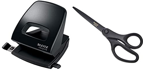 Leitz Locher, Für 30 Blatt, Anschlagschiene mit Formatangaben, 100% recyclebar, Umweltfreundlich, schwarz, NeXXt Recycle-Serie, 50030095 & Schere Titan Anti-Haft 205mm SB sw