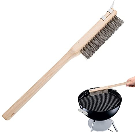 Moageme Pizza Oven Brush, Copper/Steel Wire Pizza Peel Stone Palmyra Cleaning Brush with Wood Handle, Barbecue Grill Cleaning Tool Kitchen Pizza Oven Accessories Easily Cleans