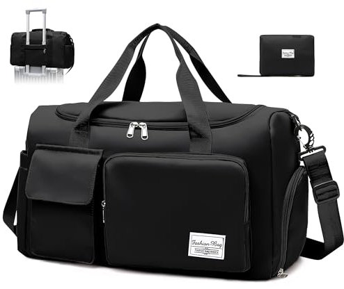 Hoseay Borsone Palestra Pieghevole Impermeabile Borsone da Viaggio con Scarpe e Scomparto Bagnato borsa piscina per Donna Uomo Grande Capacità Leggera Borsa da Sportiva per Sport Nuoto Viaggi, Nero