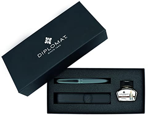 DIPLOMAT - Geschenkset Füllfederhalter Aero Stripes - Grau - 1 Füllhalter + 1 Tintenfass + 1 Lederetui - 5 Jahre Garantie