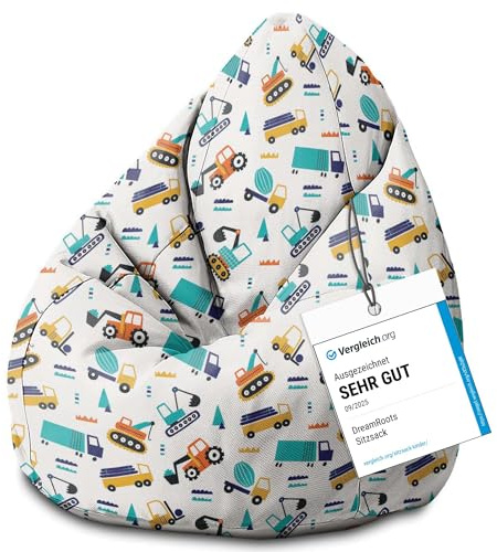 DreamRoots Sitzsack Kinder 70x70x105, Vehicles Pattern | Bean Bag Kinder mit Lehne, Hocker & Bezug, Sitzkissen Boden, Bubibag, mit Füllung, Kinderzimmer
