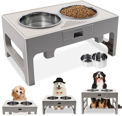 Elevated Dog Bowls, Stainless Steel Raised Dog Bowl with Adjustable Stand, Double Dog Food and Water Bowl for Medium Large Dogs or Cat, 3 Heights 3.9”, 7.8”, 11.8”(Grey)