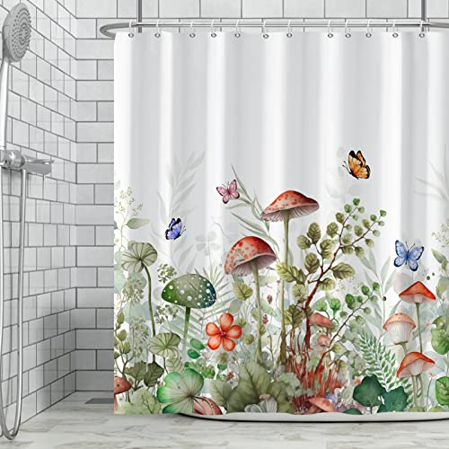 Ttincceer 180x200cm Pilz Duschvorhang Wilde Pflanze Rot Pilz Grün Blatt Bad Vorhang Bunte Schmetterling Aquarell Botanische Blume Duschvorhänge Wasserdicht Badewanne Vorhang