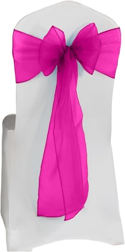Elegant Event Essentials Lot de 100 nœuds de chaise en organza pour décoration de mariage, anniversaire, banquets et fêtes – Housse de chaise avec nœuds transparents, ruban – Fuchsia