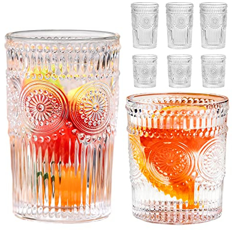 BOATDID Lot de 6 verres à eau vintage en relief, verres à eau, cocktails, jus, bière, café glacé, verres transparents pour cuisine, verres hauts en verre épais et lourd avec base lourde 355 ml