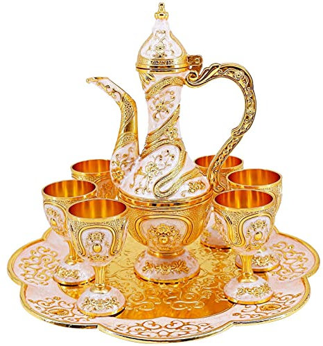 Set di caffettiera turca vintage e tazzine, set da tè con teiera, vassoio da tè e tazze in metallo per decorazione di armadietti del vino, regali di nozze (oro e bianco)