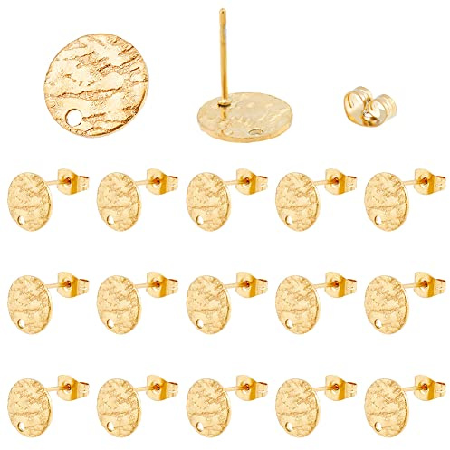 DICOSMETIC 50pcs Texturé Plat Rond Boucle d'oreille Boucles d'oreilles Rondes Plates Résultats de Boucle d'oreille en Acier Inoxydable Or Rondes Boucle d'oreille DIY avec Écrous d'oreille
