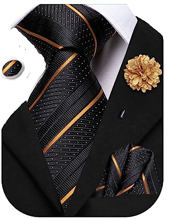 Hi-Tie Black Gold Ties for Men Silk Striped Mens Dress Tie Flower Lapel Pin Pocket Square Set Formal Necktie for Business