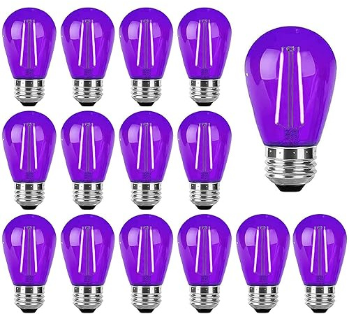 15 Pack Purple LED Bulb S14 Replacement Light Bulbs 2W Plastic Shatterproof Night Bulb E26 Base Purple String Lights Waterproof Vintage Bulb for Halloween Christmas Wedding Party Patio, Purple