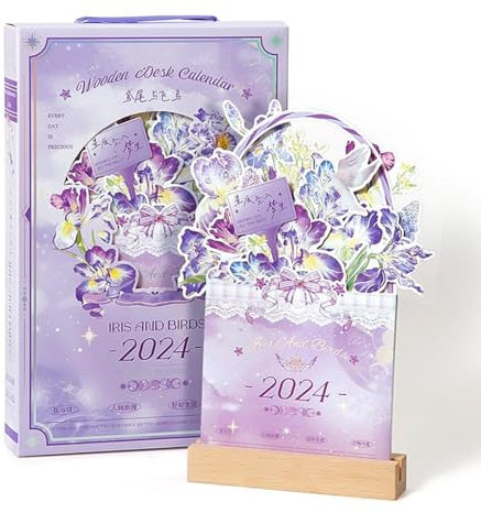 Tischkalender 2024 Mit Blühenden Blumen Kreative Blumen Schreibtischkalender Blumen Themenkalender 2024 Holz Jahreskalender Tischkalender 2024 zum Aufstellen Büro Schreibtisch (Schwertlilie)