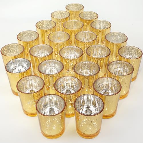 TBWIND 24 Pcs Gold Votive Candle Holders, Speckled Mercury Gold Glass Candle Holder Bulk for Wedding Centerpiece Table Decor, Tea Lights Candle Holder for Valentines Day Decor, Home Decor
