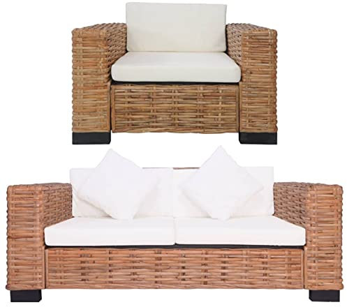 BaraSh 2-TLG. Sofagarnitur mit Auflagen Natur Rattan Wohnzimmer Couch Ecksofa Klein