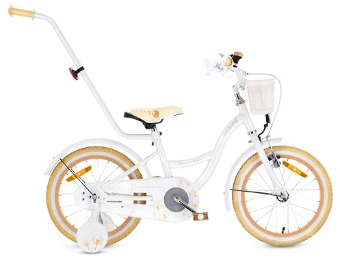 sun baby FLOWER BIKE Barncykel för en flicka 16 tum, Flickcykel 2-6 år, Cykel för barn med stödhjul, pushbar, justerbar sadel och styre (Vit Beige)