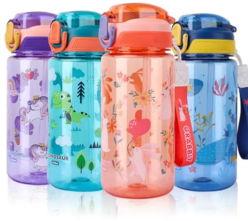 SENBSLAN Kids Water Bottles With Straw,600ml Drinks Bottle for School,Leakproof Children's Bottle BPA free Tritan Sport Bottle for Girls Boys (Pinkish Orange-Rabbit)