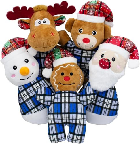 Christmas Dog Squeaky Toy- Plüsch Hundespielzeug für kleine, mittelgroße Hunde mit Quietscher- Interaktives Welpenspielzeug- Niedliches weiches Plüschdessert 5 Sets