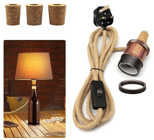 DIY Bottle Lamp Kit, Lamp Kits Do it Yourself, E27 Srew Lamp Holder with 240cm Hemp Cable, Brass Bottle Lamp Adaptor Kit, Wine Bottle Table Lamp Kit, Ceramic Lamp Socket, Include 3 Sizes of Stoppers
