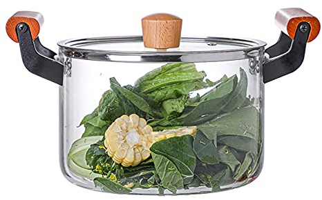 NNYCC Beheizbare Glastopf zum Kochen mit Holzgriff, Transparenter Glas-Suppentopf für Zuhause Küche Restaurant,3.5l