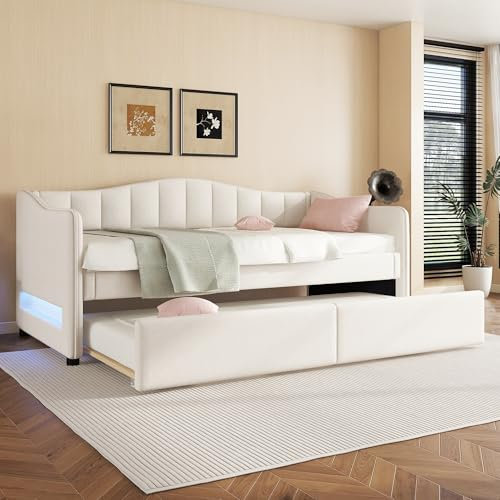 Dolamaní Modern Tagesbett Ausziehbar 90x200 cm, Schlafsofa mit Gästebett Ausziehbett Ohne Matratze, Bett mit Lattenrost und Polster Rückenlehnen (Beige)