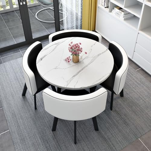 OCAZI Rundes MöBelset Mit Tisch Und StüHlen, Runder Konferenztisch, 1 Tisch Und 4 StüHle 5-Teiliges Set Runde FrüHstüCksbar, Küchen-Esstischset für Küche/Esszimmer #3 80x75cm/31.5x29.5in(WxH)