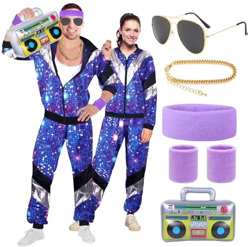 90er 80er Jahre Outfit Herren Damen Mottoparty 80er Trainingsanzug Retro Jacke Hose Accessoire 80er Jahre Kostüm Herren New Kids Vintage Disco 80er Jahre kleidung Bad Taste Outfit Paare für Karneval S