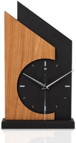 Standuhr „Skyscraper“ aus Holz – Schwarze Tisch-Uhr mit brauner Eiche-Applikation; Größe ca. 34,5x20x5cm (Applikation Eiche braun, leises Quarzuhrwerk)
