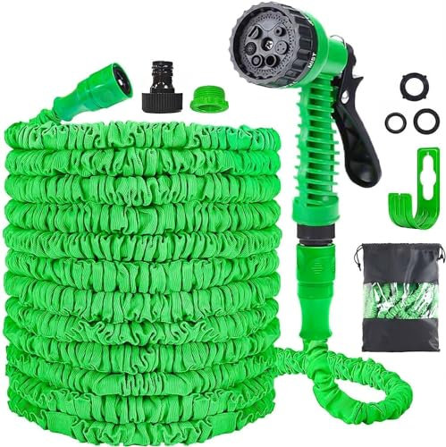 Expandable Garden Hose Pipe 15m 50ft, Hosepipes for Garden Flexible Garden Hose with 7 Function Spray Gun,Extendable Water Hose Retractable Magic Hose Pipe for Gardening Car Washing (Green-50FT)