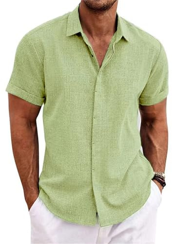 PADOLA Hombre Camisetas Lino de Botones Suelta Manga Corta Color Sólido Camisa de Verano Regular Fit Respirable(XL,Verde Claro)