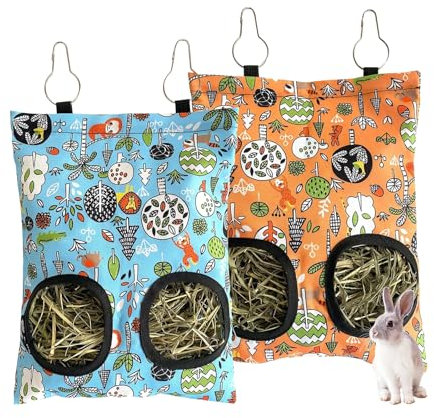 2Pcs Rabbit Hay Feeder Bag 11.8 x 9 Inch Oxford,2 Hole Guinea Pig Hay Bags Storage Dispenser for Rabbits Chinchillas Hamsters Small Pets and Animal,Leakproof Travel Food Container for Cage Outdoor