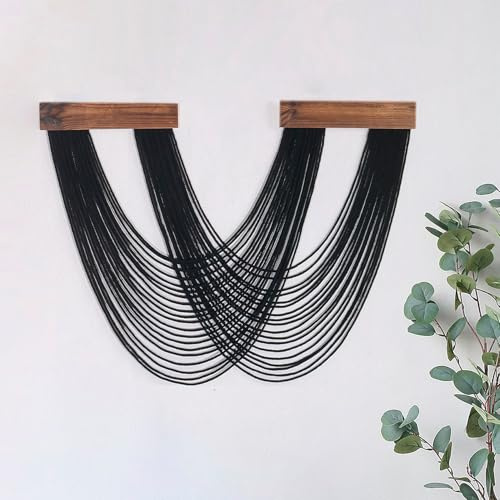 LB Black Macrame Wall Hanging, Boho Wall Decor with Wooden Framed, Modern Minimalist Tapestry, Handmade Woven Cotton Rope Wall Art for Bedroom Living Room Apartment Home Office Decoration