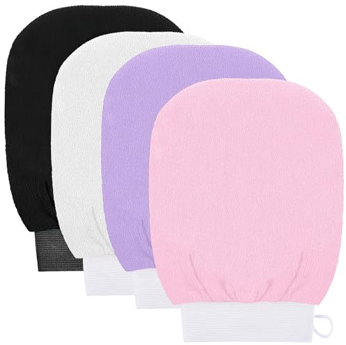 kuou 4 Pcs Exfoliating Gloves, Body Scrub Mitts, Shower Gloves, 4 Colors | Deep Body Exfoliating Glove, Dead Skin Remover, Reusable Bath Mitts, for Women, Men, Home Spa, Travel, Gym, Self Tan Prep