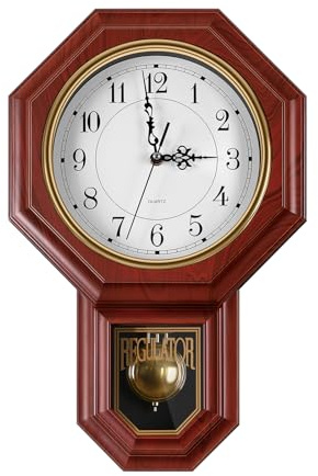 KANEODOT Regulator Wall Clock with Pendulum,Imitation Red Wood Plastic Wall Clock Battery Operated,Vintage Decorative Wall Clocks for Living Room,Farmhouse,Office,Bedroom,Kitchen,Wall Decor