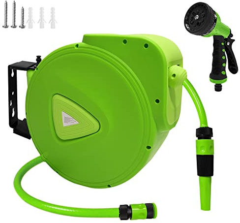 Avvolgitubo retrattile da 20 m con doccetta da 1 m, girevole a 180°, montaggio a parete, con sfera di arresto automatico e attacco a bloccaggio rapido, tubo flessibile per acqua beige durevole