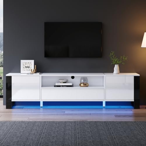 Meuble TV Moderne et Brillant en Blanc avec éclairage LED et Plusieurs espaces de Rangement, pour téléviseurs jusqu'à 70 Pouces, 178x40x54